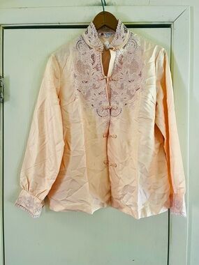 VTG 70s Hand Embroidered Victorian Silk Lace Edwardian Boho Delicate Blouse S